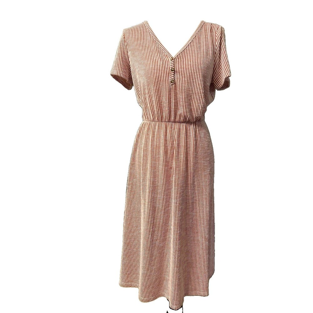 Everly Rust Striped Seersucker Dress Henley V-Neck Midi Modest Grandmacore M